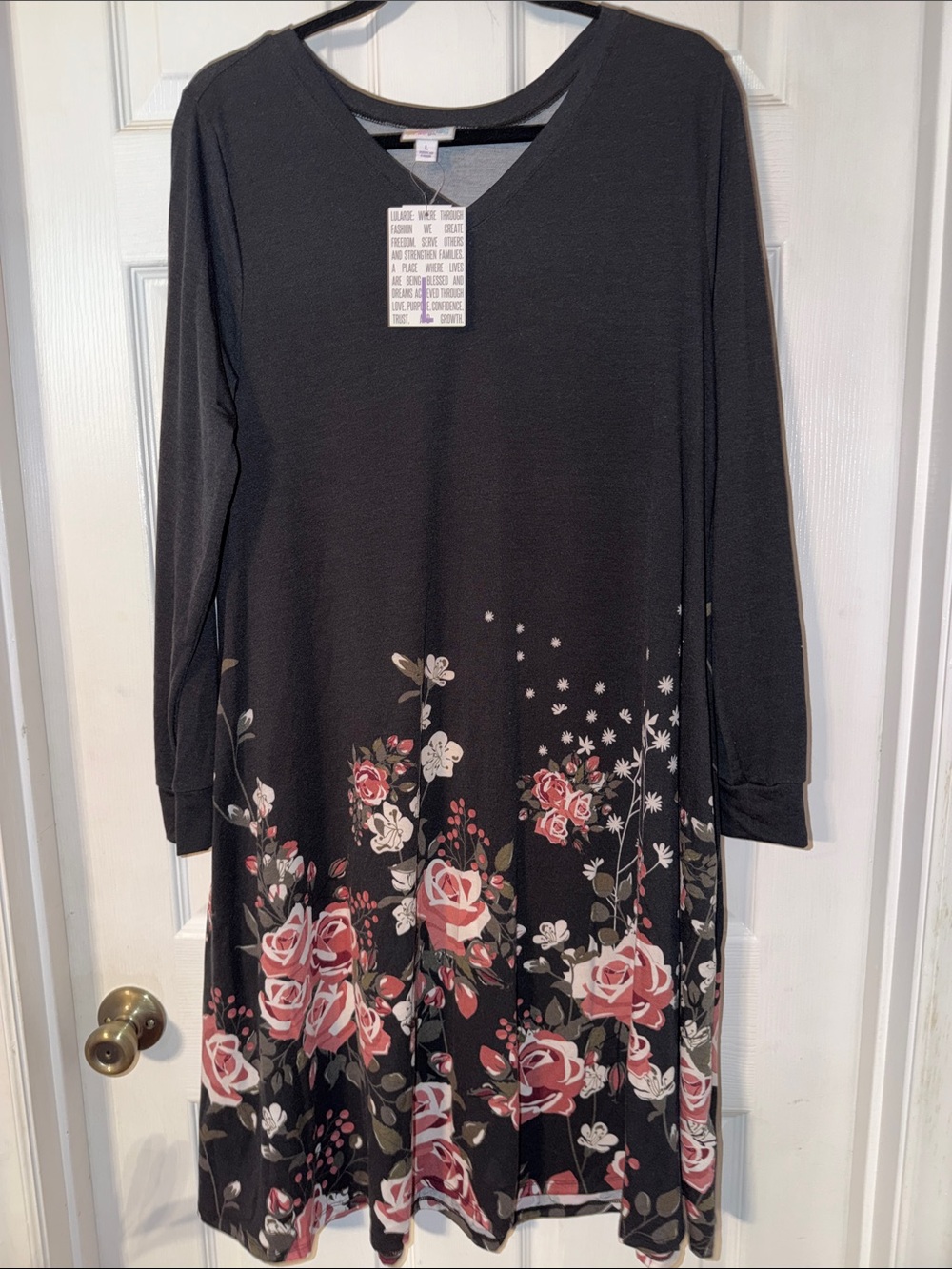 LuLaRoe Emily dress, Black background, Dusty rose floral pattern, Large, NEW